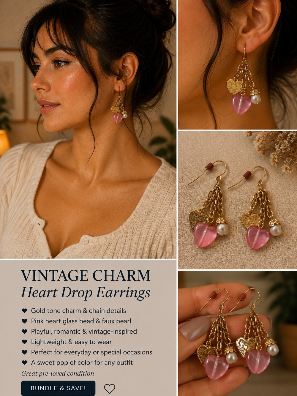 Vintage Charm Gold Drop Earrings with Pink Heart & Pearl